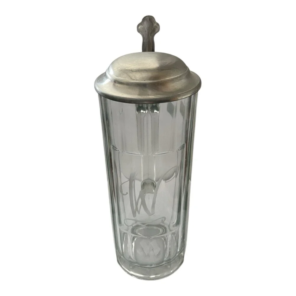 Joska Etched Clear Crystal W Beer Stein Pewter Lid Vintage